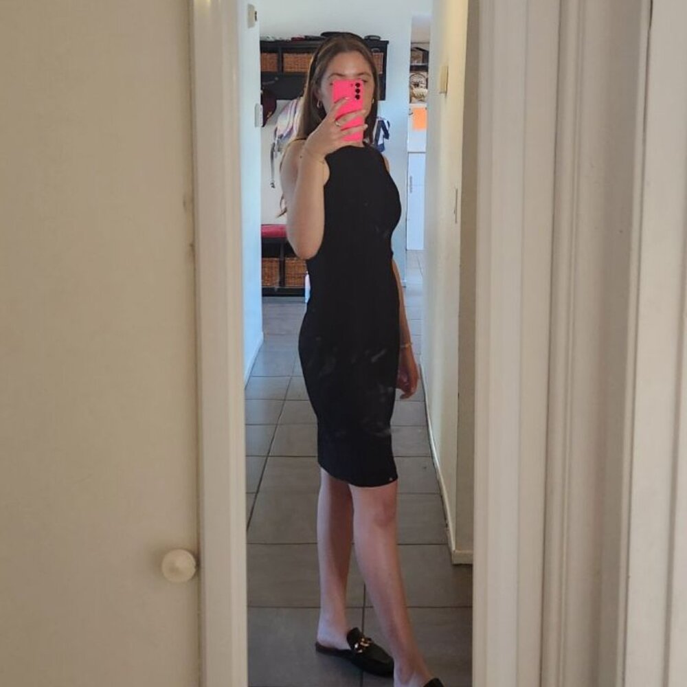 Calvin Klein midi sheath dress in black with zipper closure